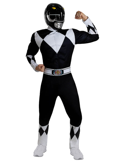 Vue d'ensemble du casque Power Ranger porté avec le costume complet