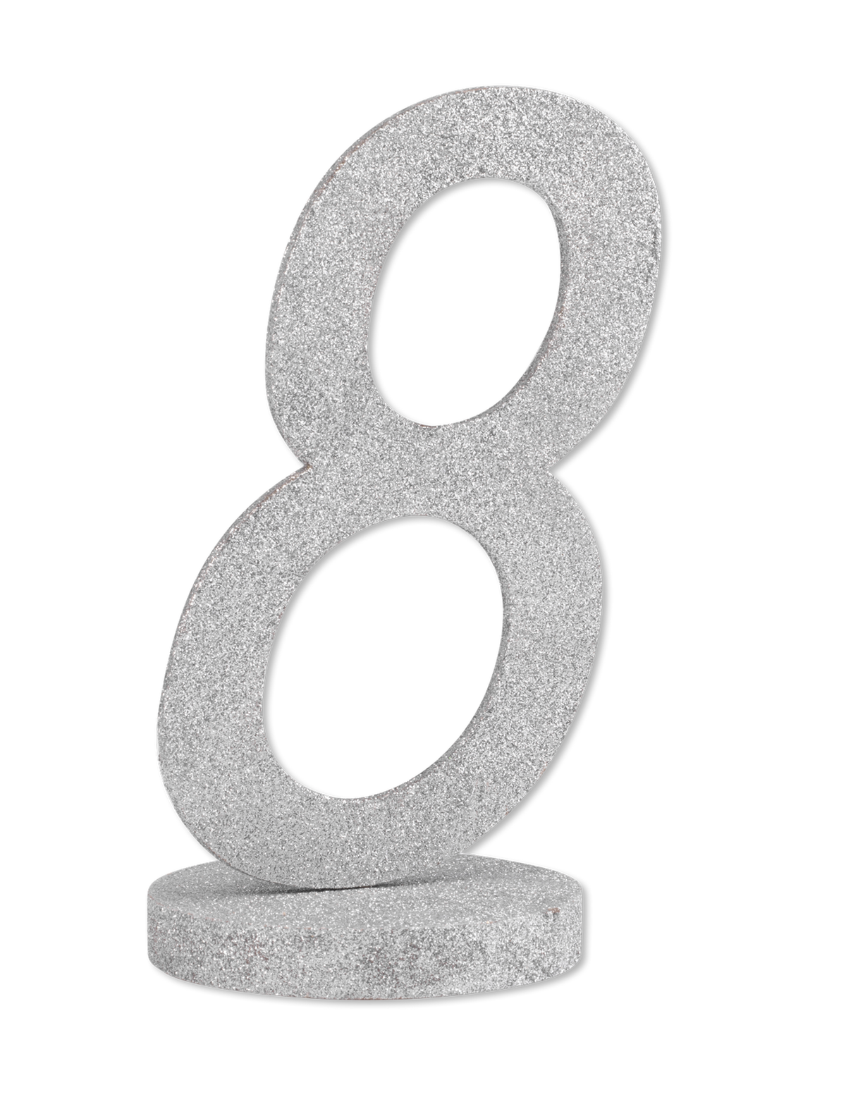 Pöytäkoriste numero 8 juhliin hopea kimalteilla ja puisella jalustalla