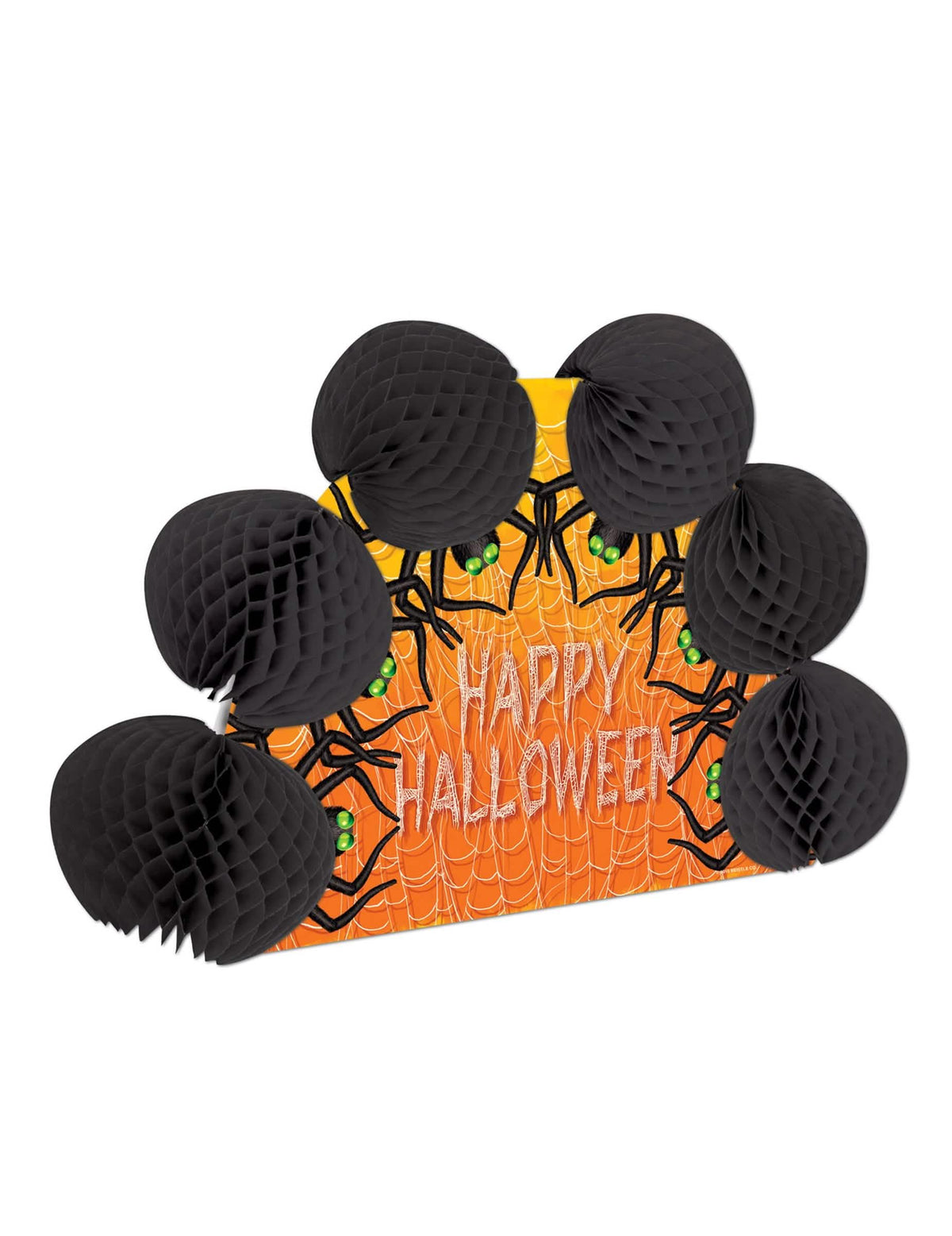 Pöytäkoriste hämähäkit happy halloween musta ja oranssi hunajakennopallojen kanssa