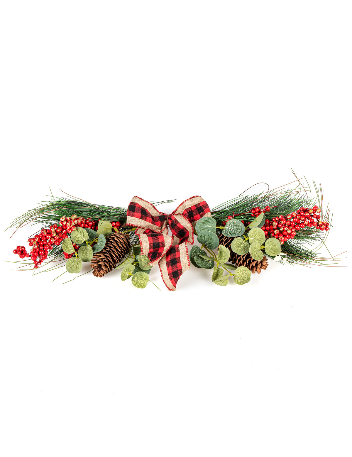 Centre de table rustique de Noël aux pommes de pin avec baies rouges et nœud à carreaux rouge et noir