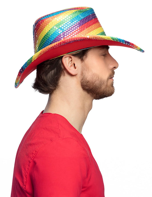 Vue de profil du chapeau de cowboy à paillettes arc en ciel