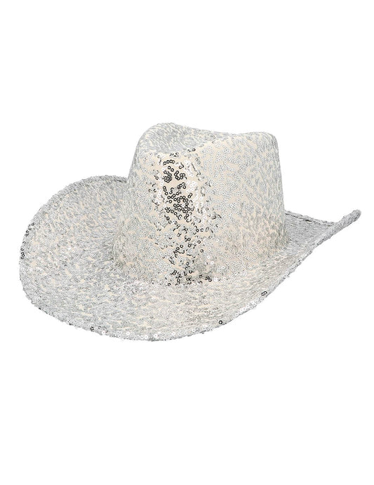 Vue de trois-quarts du chapeau de cowboy à sequins pour adulte argenté