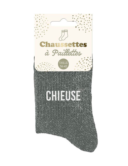 Détail de l'emballage des chaussettes à paillettes Chieuse pour femme