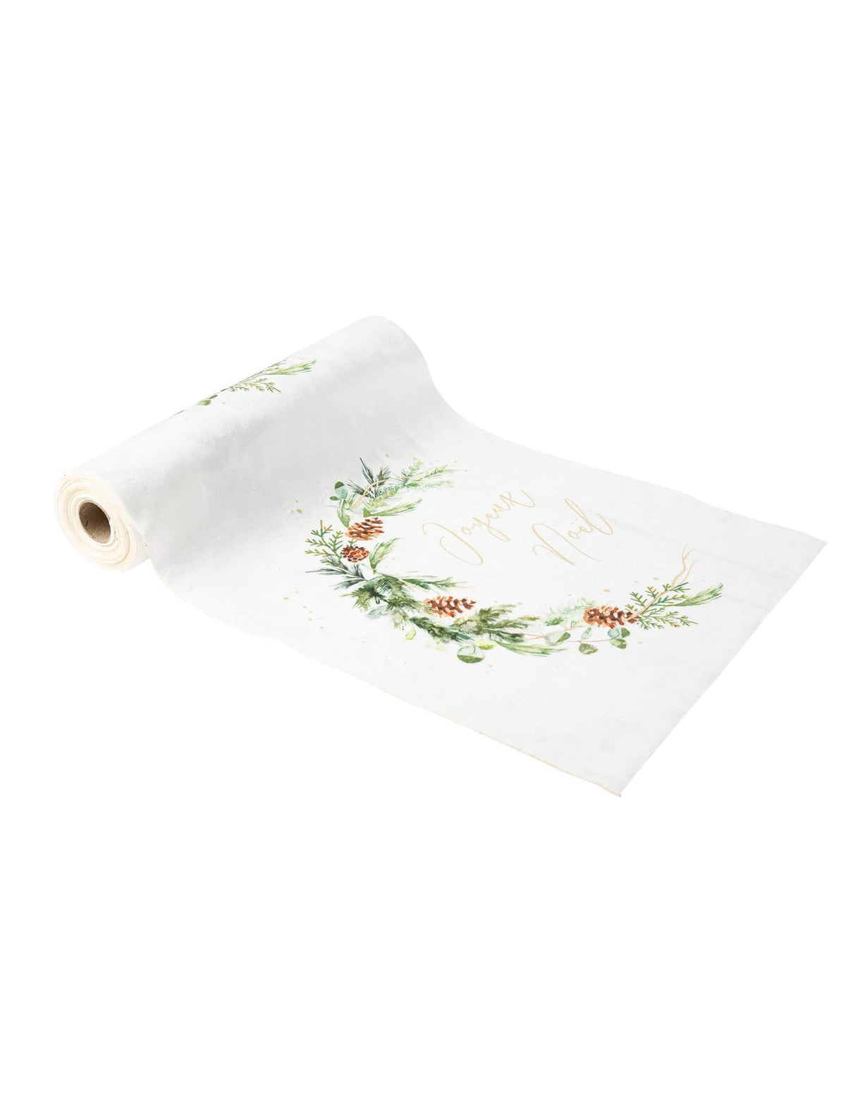 Chemin de table forêt enchantée pour Noël blanc en velours avec motifs et texte joyeux noël