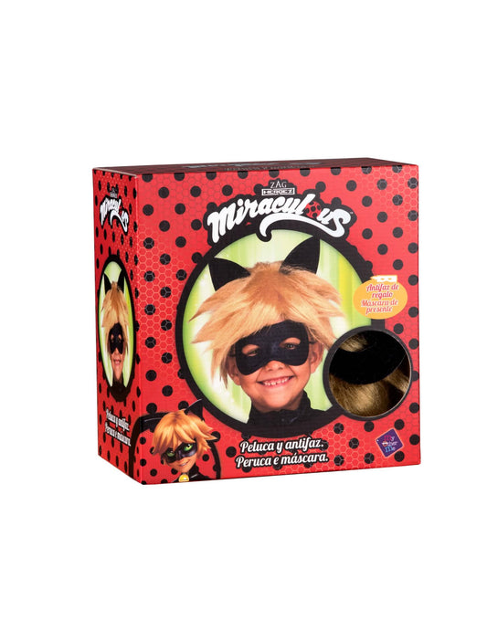 Vue de l'emballage de la perruque et masque Chat Noir Miraculous™ pour enfant