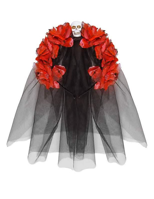 Vue de face du voile noir et des roses de la coiffe fleurs rouges avec tête de mort Dia de los muertos pour femme