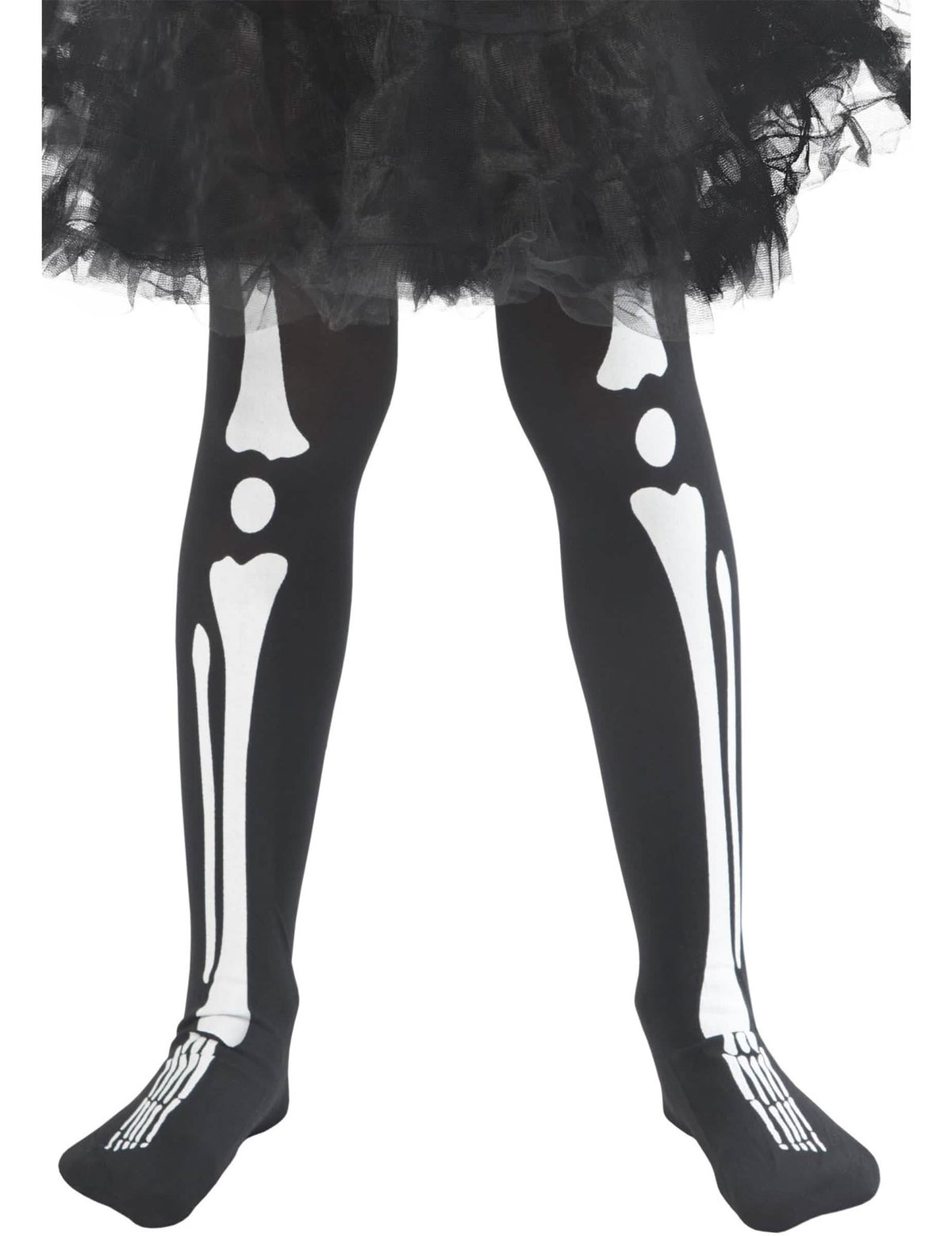 Lähikuva halloween-sukkahousujen luuprintistä jaloissa