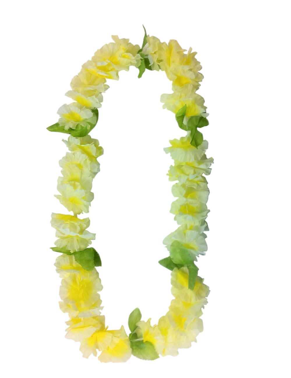 Havaijilainen kukkakaulakoru aikuisille keltainen ja valkoinen vihreillä lehdillä