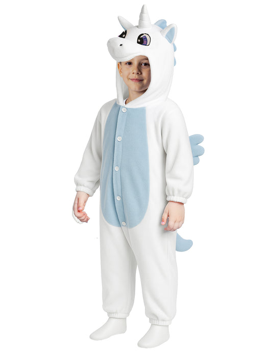 Vue de face de la combinaison licorne pour enfant blanche et bleue