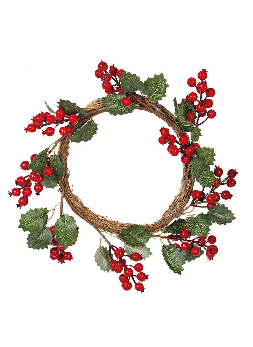 Couronne de houx et baies rouges pour décoration de Noël rouge et vert