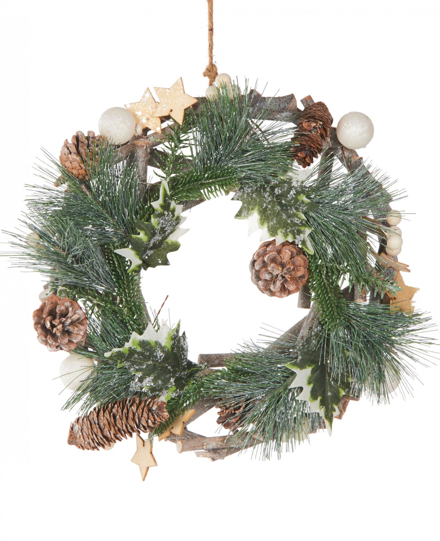 Couronne de sapin naturelle avec pommes de pin boules blanches et étoiles