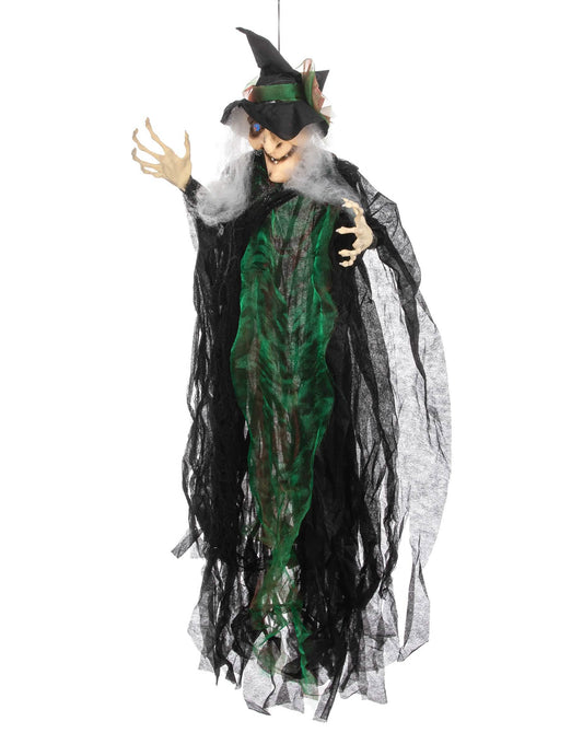 halloweeniin tarkoitettu riippuva noita-koriste, musta ja vihreä, hehkuva