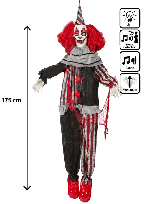 Liikkuva roikkuva koristus ilkeä klovni naurulla ja liikkeillä 175 cm