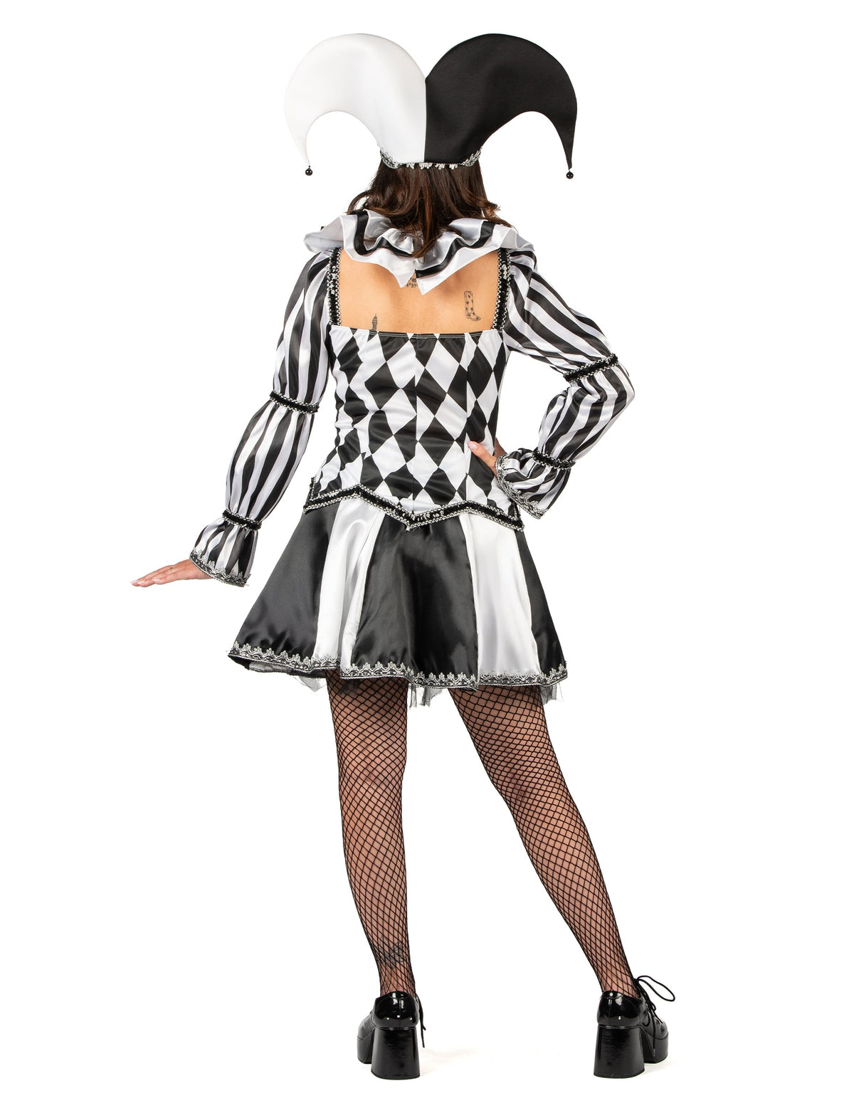 Vue de dos du déguisement de bouffon diabolique pour femme noir et blanc luxe