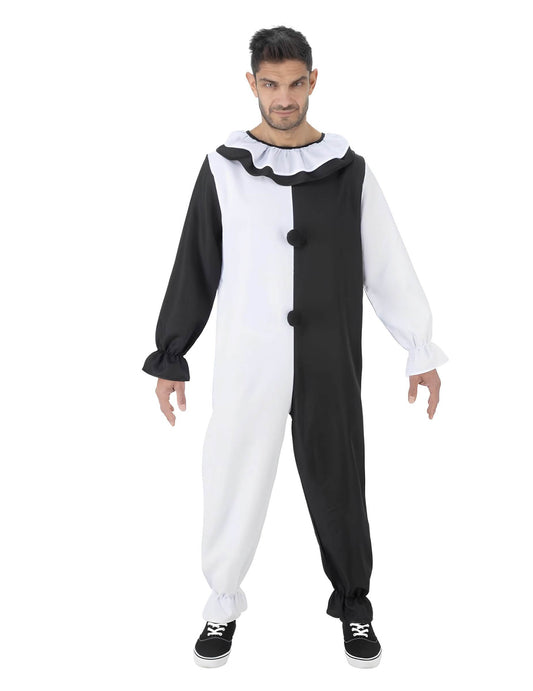 Vue de face de la combinaison du déguisement clown Terrifier pour adulte