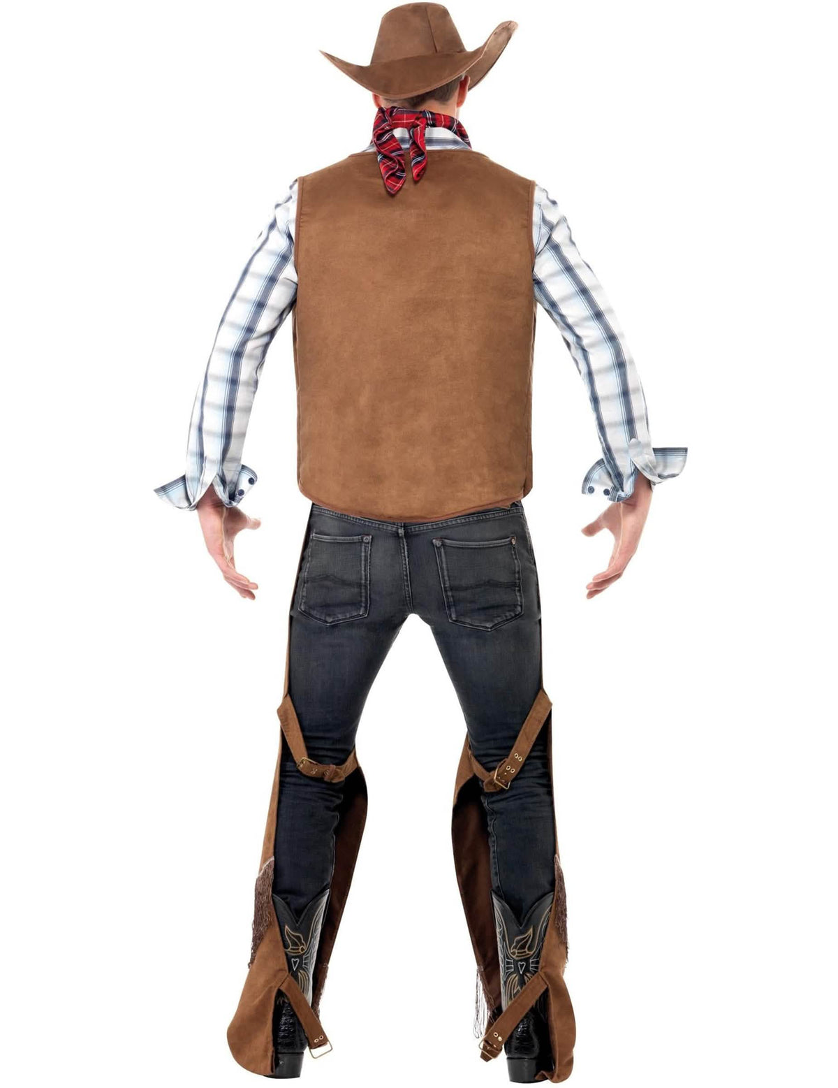 Takaa näkymä miehet hapsuista cowboy-naamiaisasusta