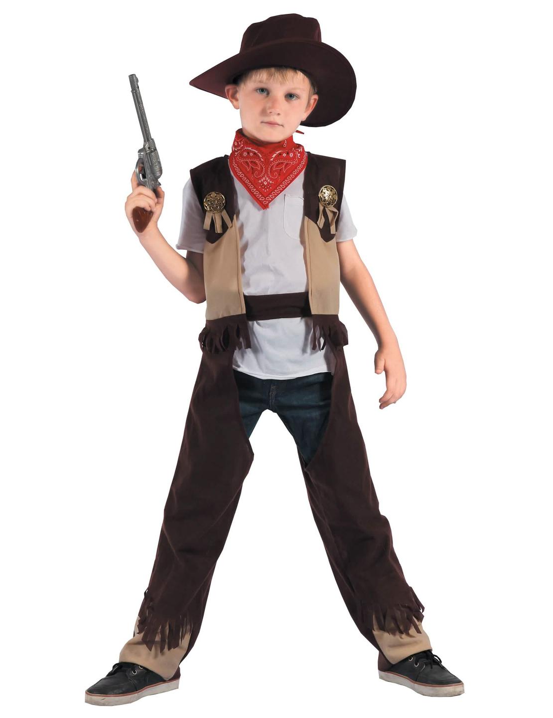 Cowboy-rodéo-puku pojat ruskea ja beige hatulla ja punaisella bandanalla