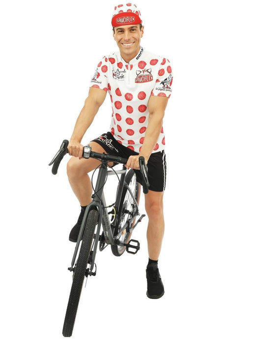 Vue de face sur un vélo du déguisement de cycliste Sauciflex pour homme