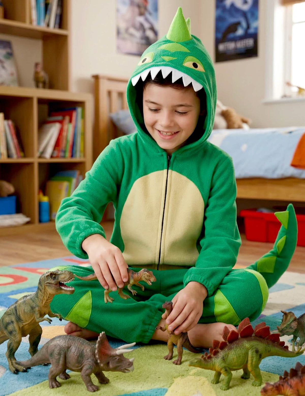 Istuva näkymä lapsen dinosaurusasusta leikkimässä