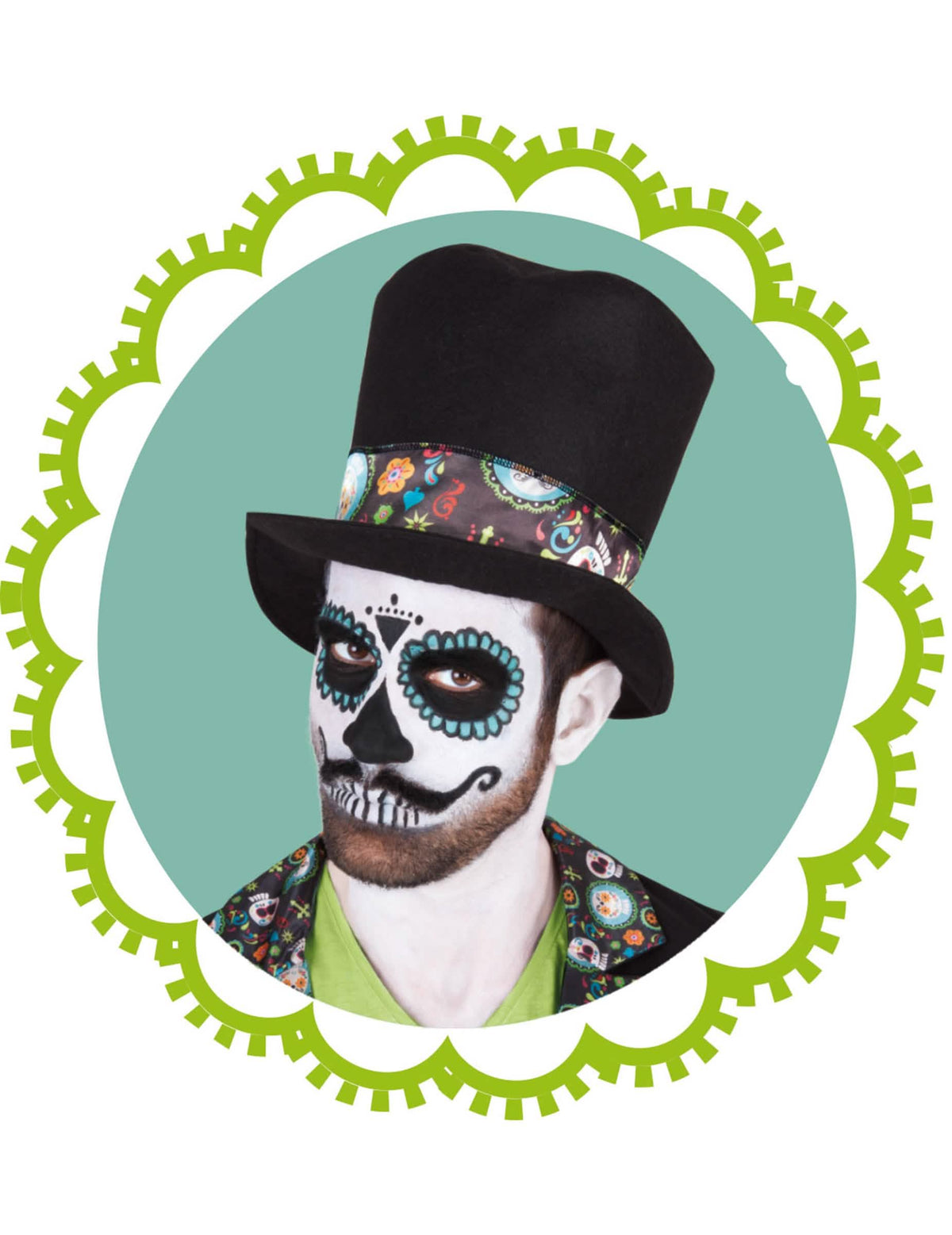 Lähikuva meikeistä ja silinterihattuista Dia de los muertos -asusta miehet