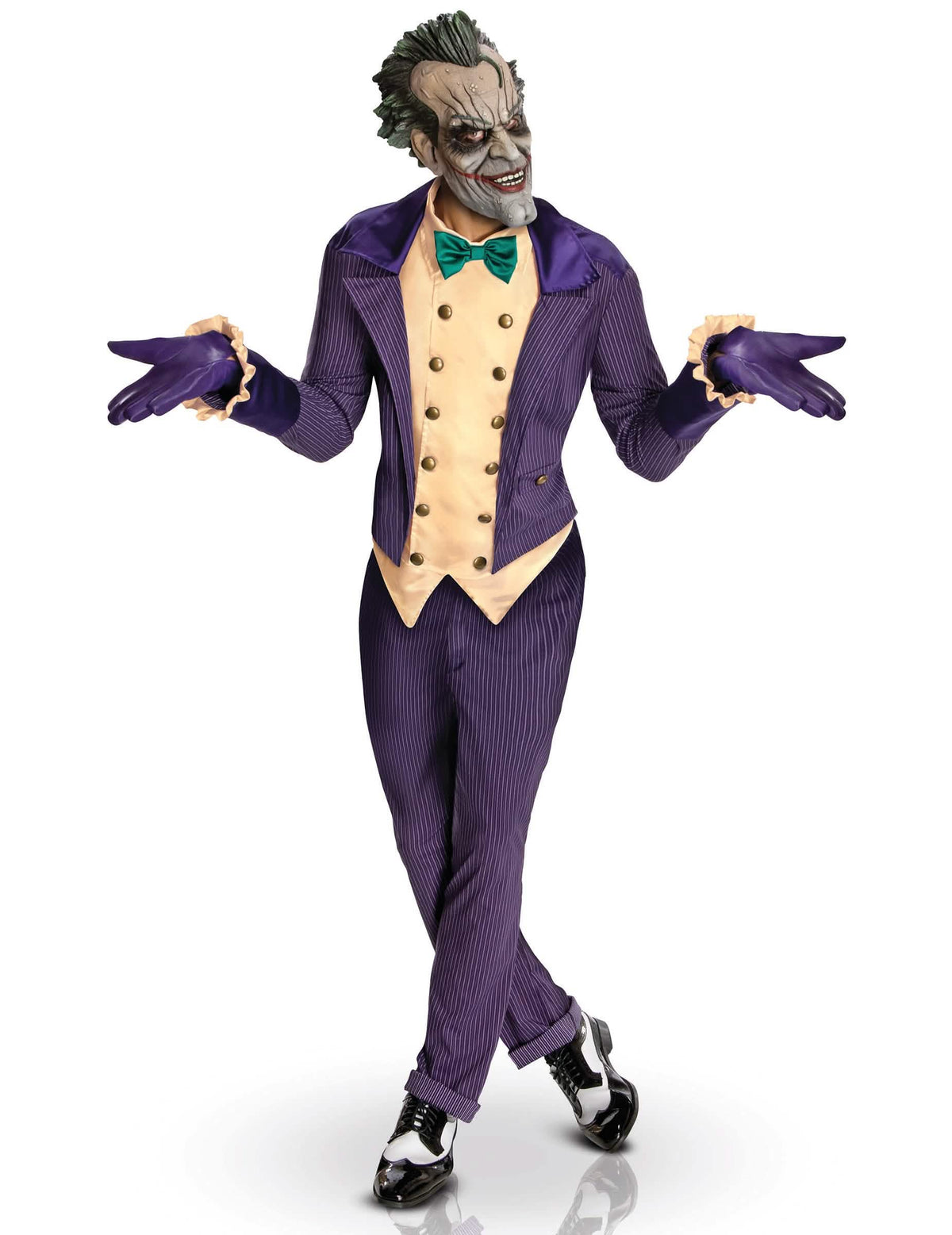 Jokeri™ Arkham City™ -aikuiset violetti raidallinen asu maskilla ja keltainen liivillä