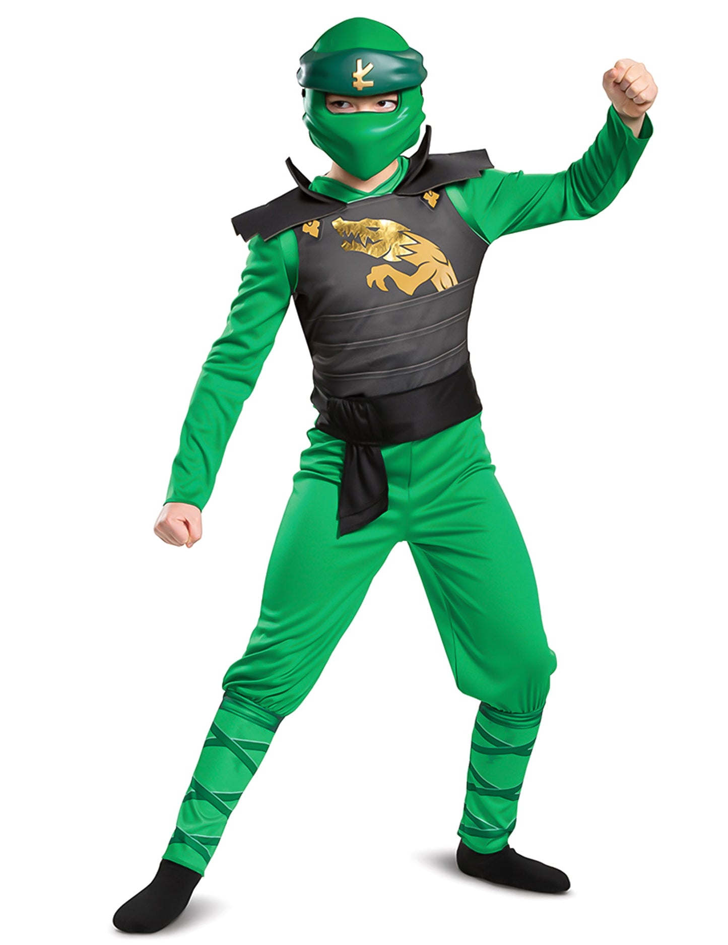 Vue de face du costume vert du déguisement de couple LEGACY Ninjago pour enfants