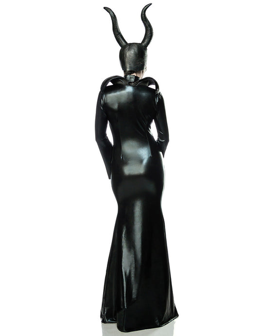 Vue de dos de la robe longue du déguisement luxe sorcière noire