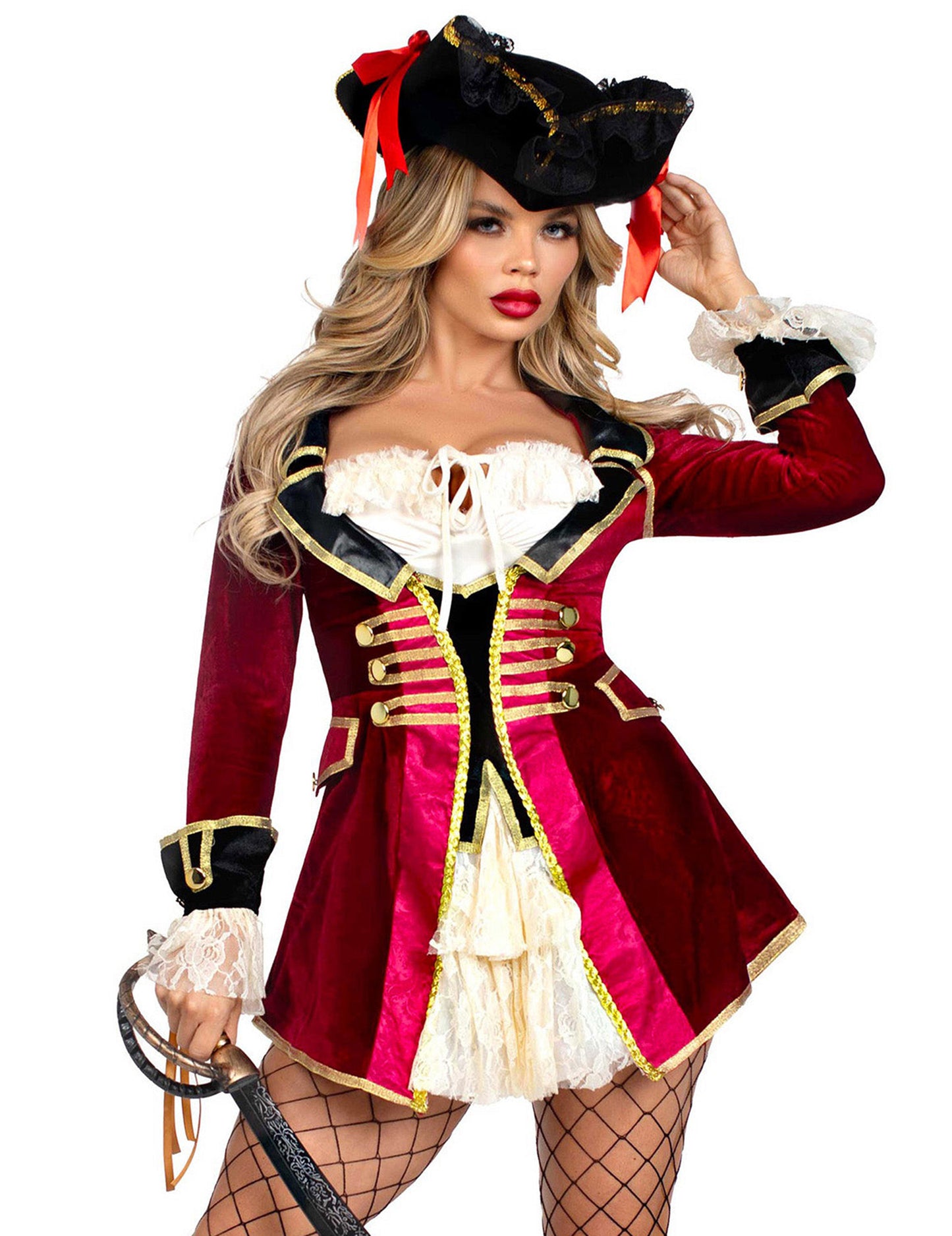 Gros plan sur le bustier et le chapeau du déguisement de pirate sexy