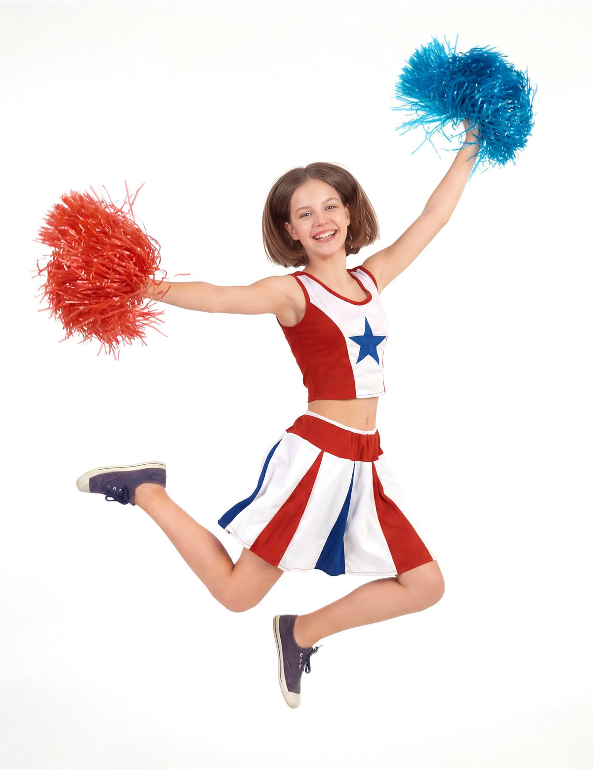 Etunäkymä hyppiessä cheerleader-tähti-puvusta