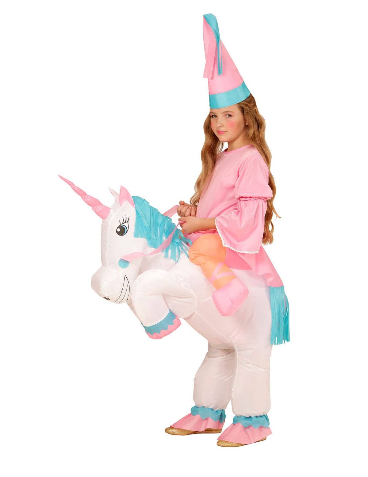 Kolmen neljänneksen näkymä prinsessan asusta yksisarvisen carry me -selässä