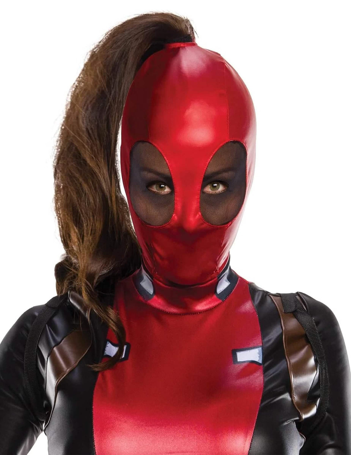 Lähikuva seksikkäät Lady Deadpool -asusteen naamiossa