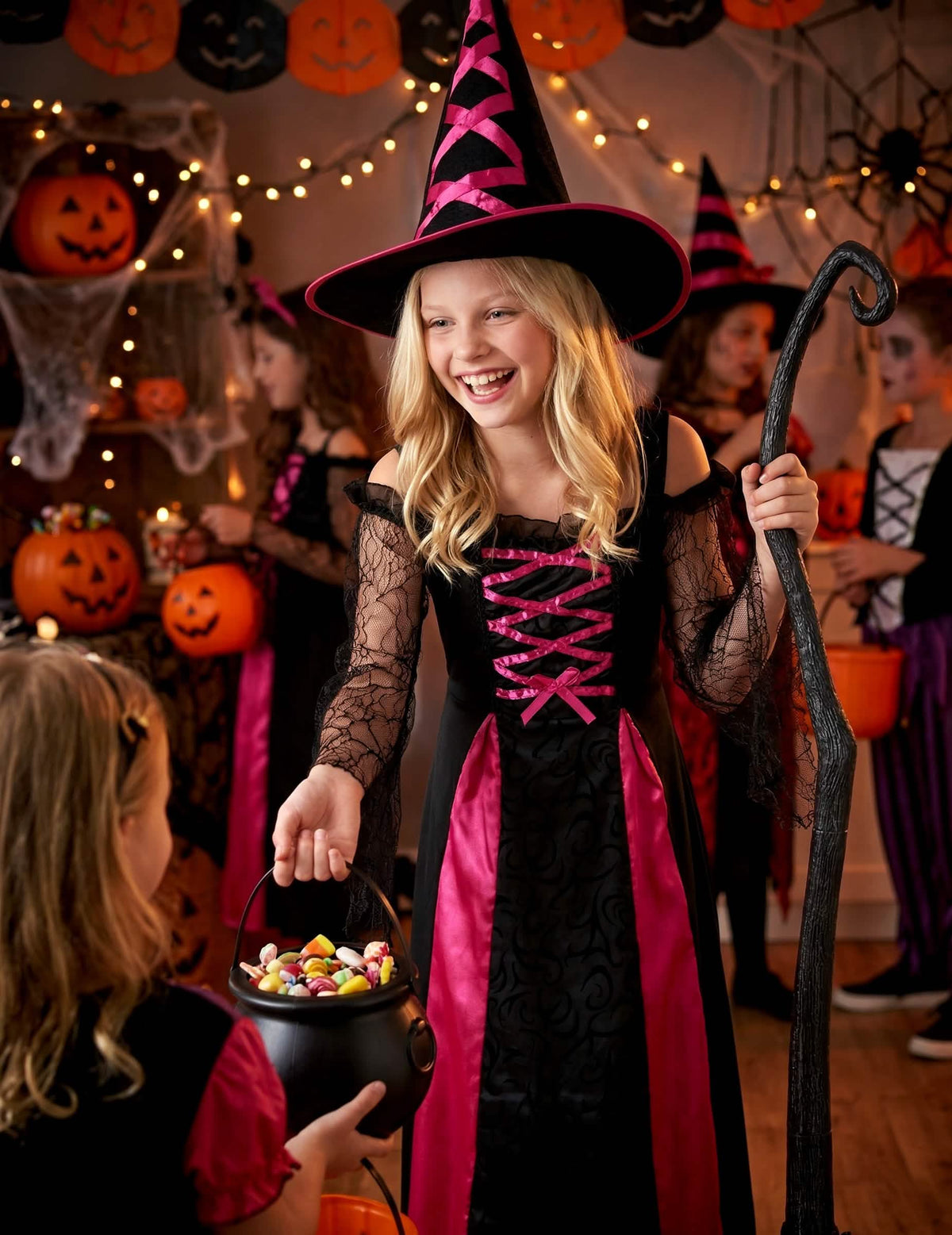 Tilannekuva hammastetun noita-asun karkit ja namut -padalla halloweenissa