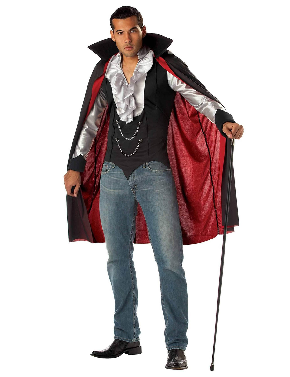 Vampyyrimiehen naamiaisasu halloweeniin musta ja punainen, jossa on hopea jabot