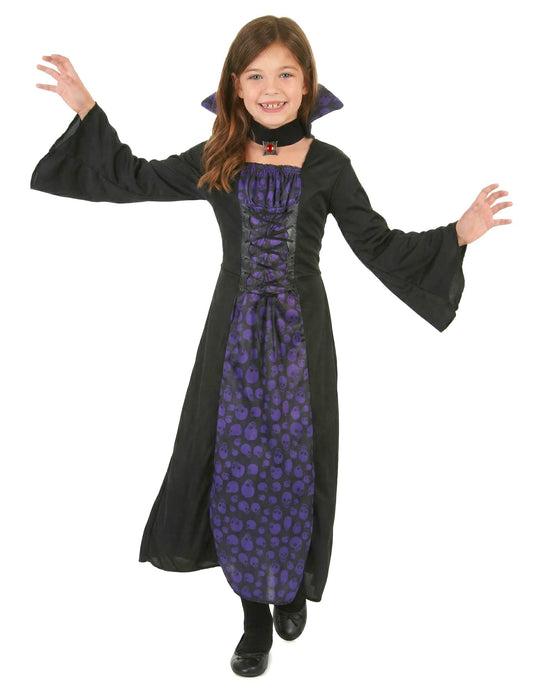 Déguisement de vampire pour fille violet et noir avec motifs têtes de mort