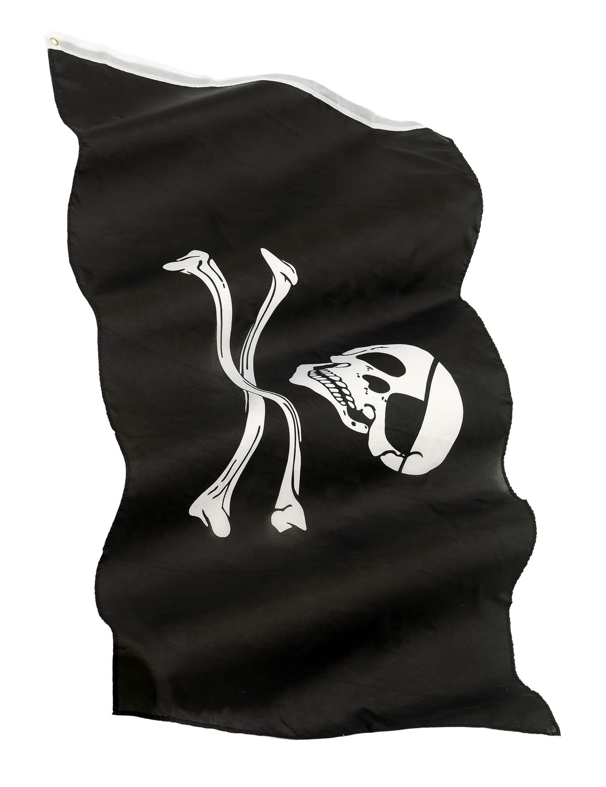 Drapeau pirate noir avec tête de mort de profil et os blancs