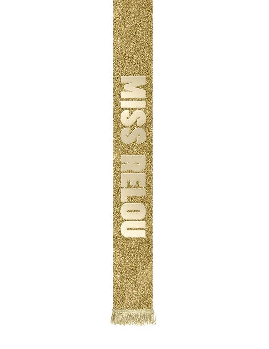 Détail de l'inscription de l'écharpe Miss Relou à paillettes