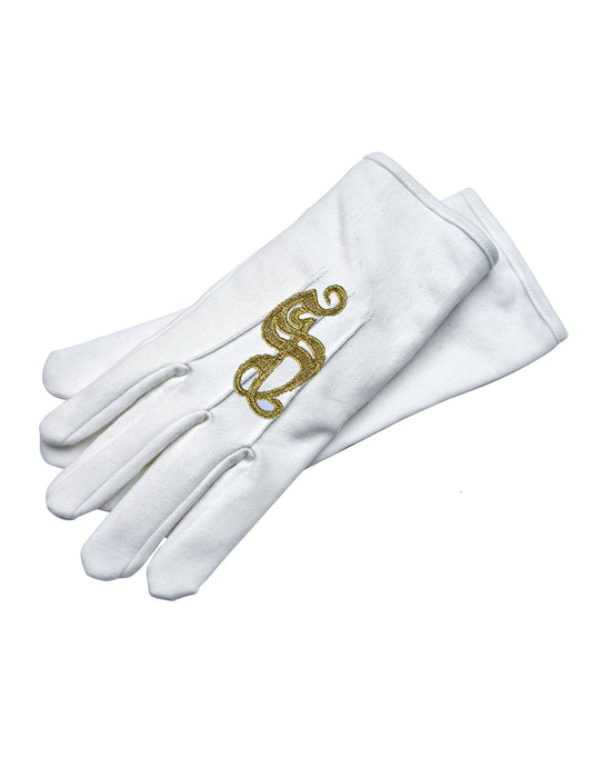 Détail de la broderie dorée des gants brodés de Saint-Nicolas luxe pour adulte