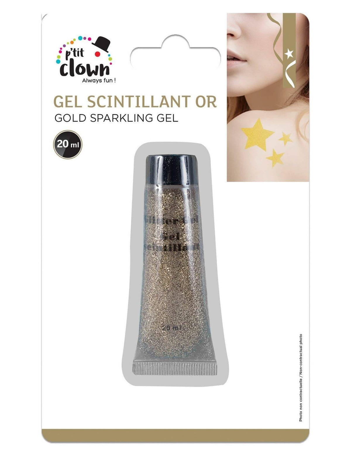 Pakkauksen näkymä kultaisen glittergeelin kanssa