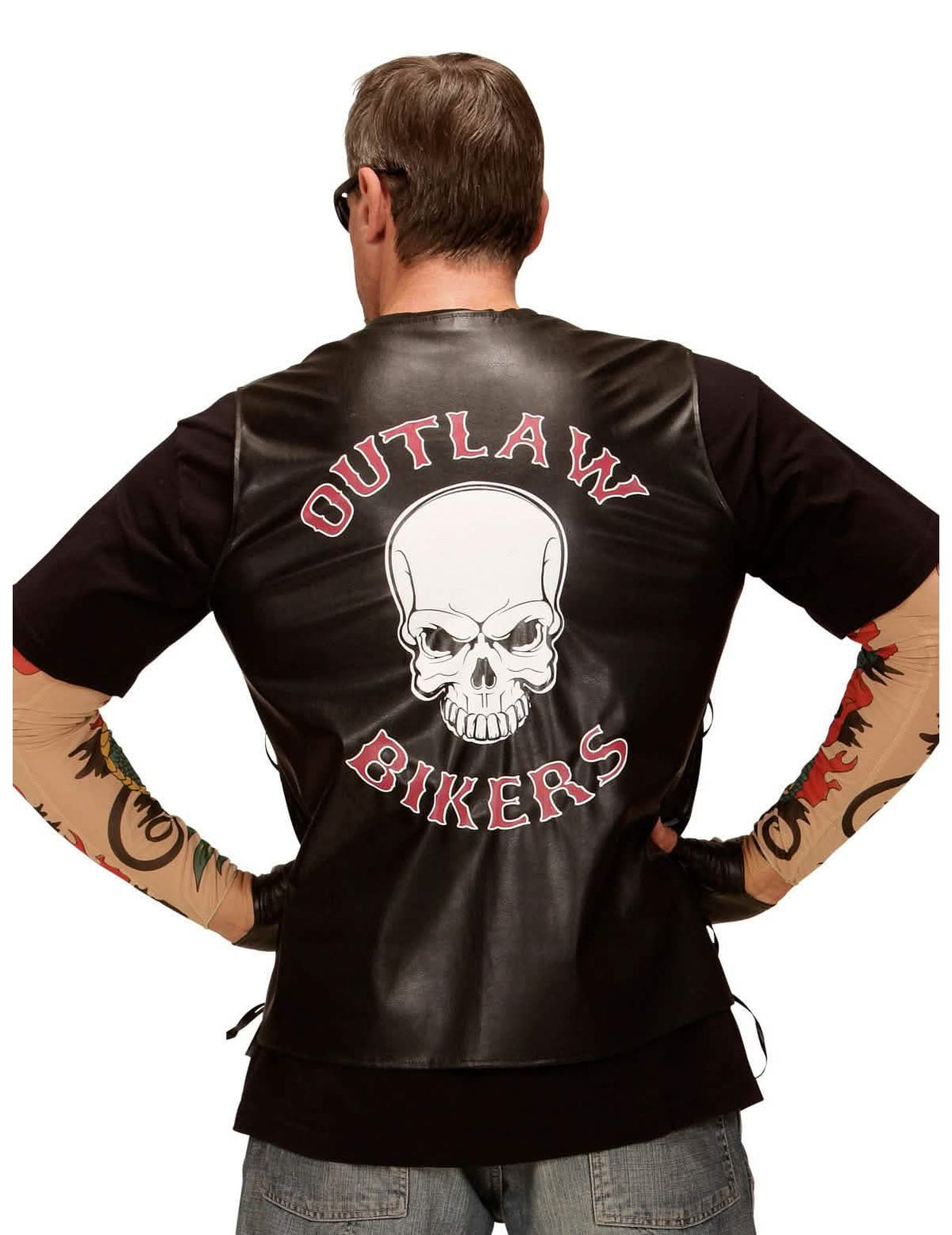Aikuiset biker-liivin takaa näkyvä näkymä pääkallokuviolla