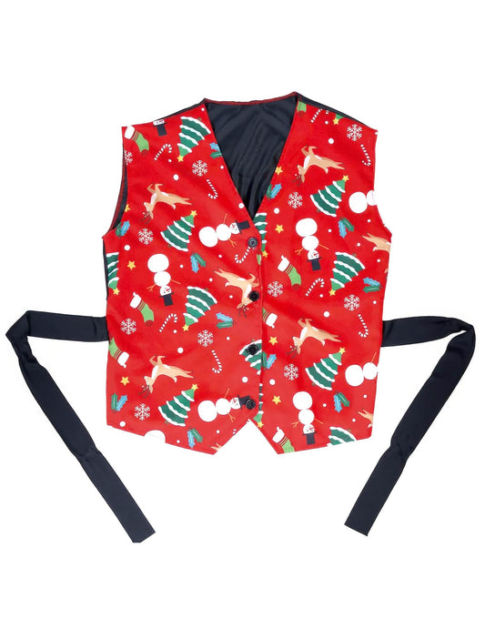 Vue de face du gilet de Noël pour adulte rouge à motifs