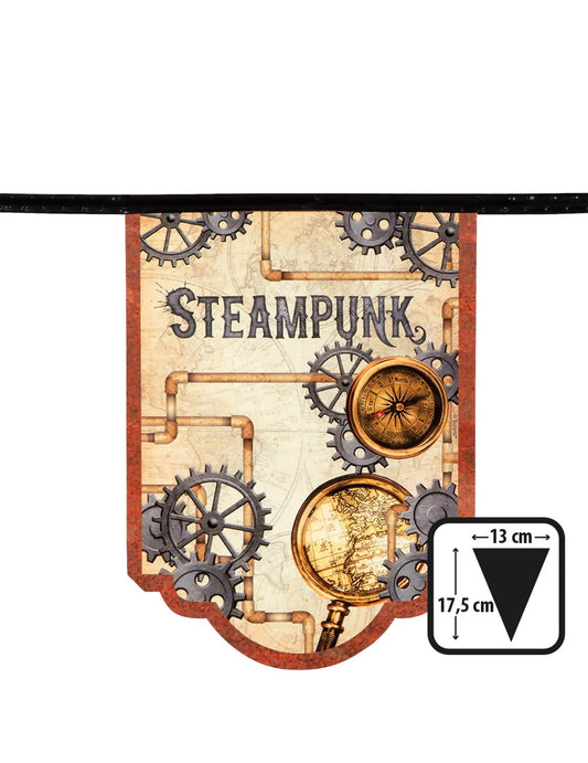 Détail des dimensions d'un fanion de la guirlande 11 fanions en carton Steampunk