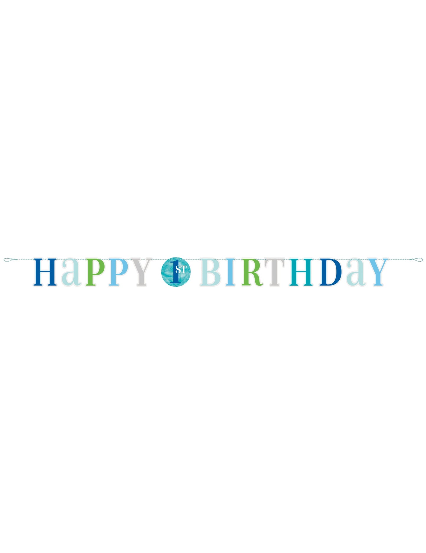 Vue d'ensemble de la guirlande en carton happy 1st birthday pour garçon bleue