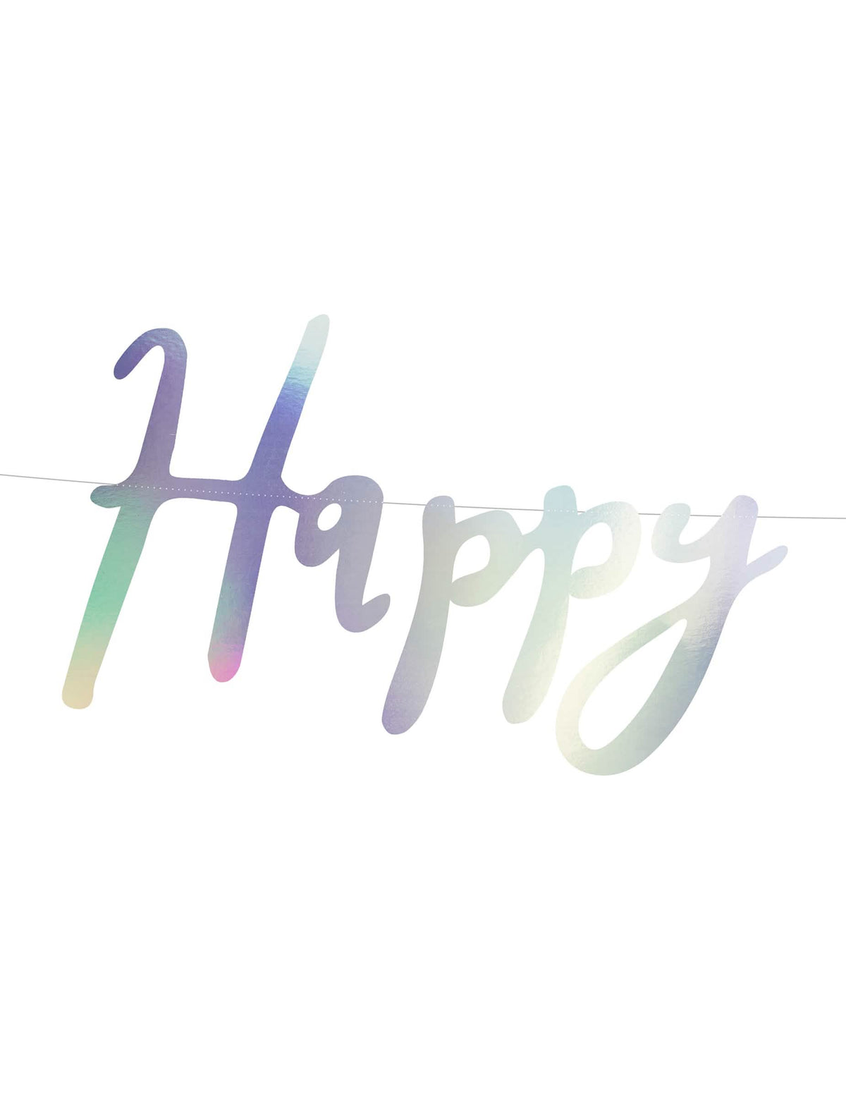 Lähikuva pahvisen happy birthday iridescent -viirinauhan Happy-sanasta