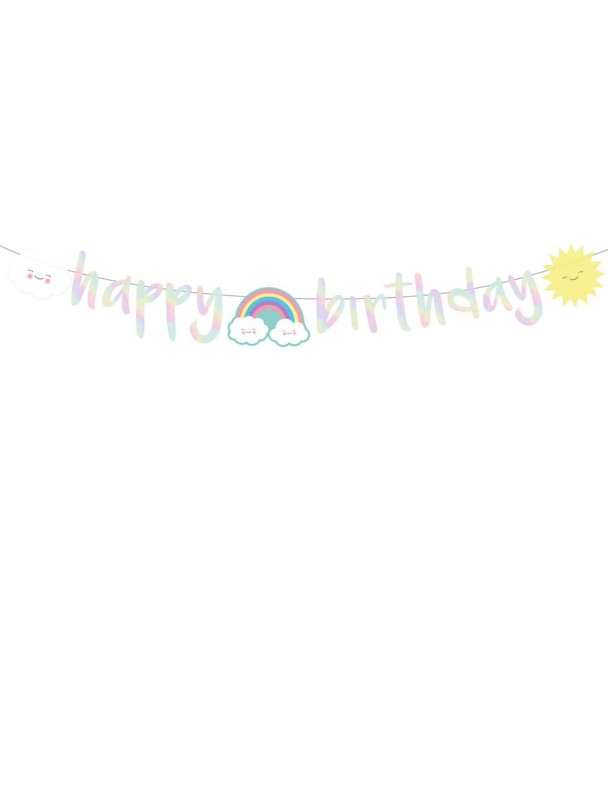 Vue d'ensemble de la guirlande happy birthday nuage iridescente en carton