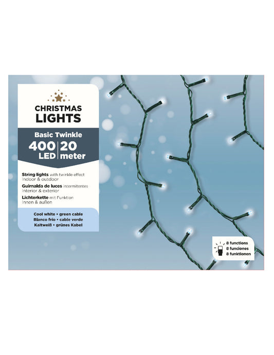 Détail de l'emballage de la guirlande lumineuse 400 led pour décoration blanc froid 20 m 8 fonctions