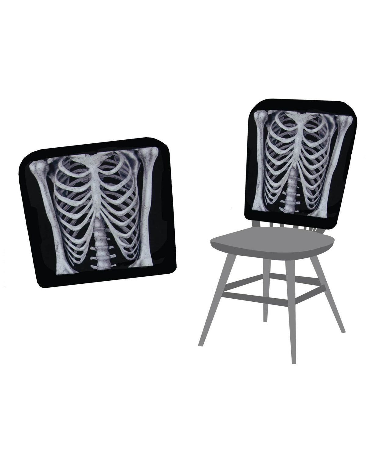 Tuolinpäällinen luuranko halloweeniin mustavalkoinen rintakehän kuvioinnilla