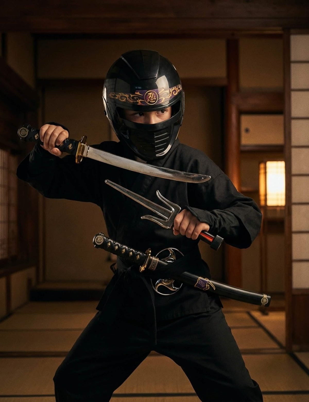Asustepaketti leluaseet ja ninjien naamio lapsille musta katana ja saï