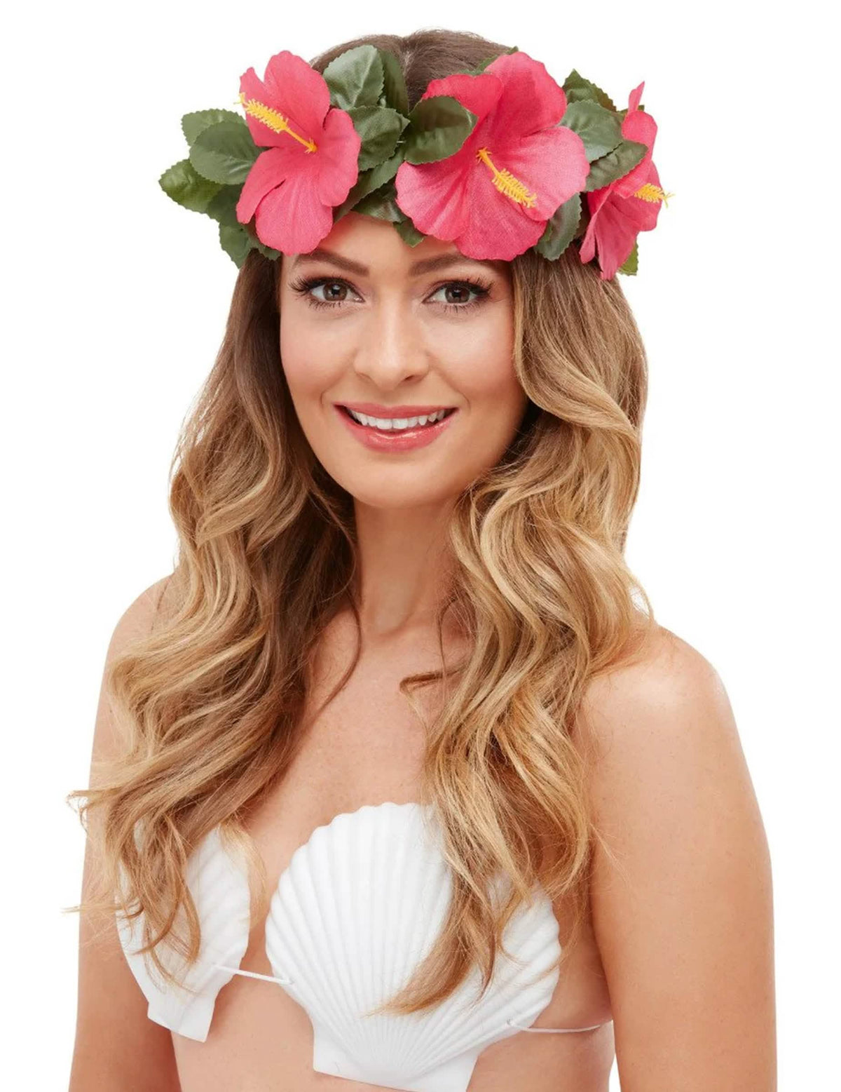 Etunäkymä Luau Tiki havaiji asusteet -setin kruunusta ja simpukkaliiveistä
