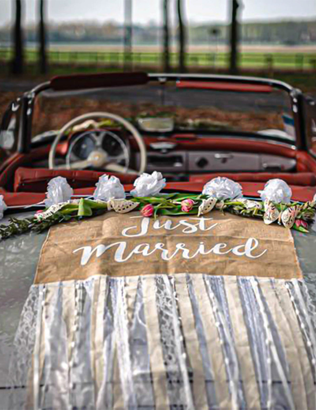Hääauton Koristelusetti Maalaistyylinen Juutti ja Pitsi Täydellinen Just Married