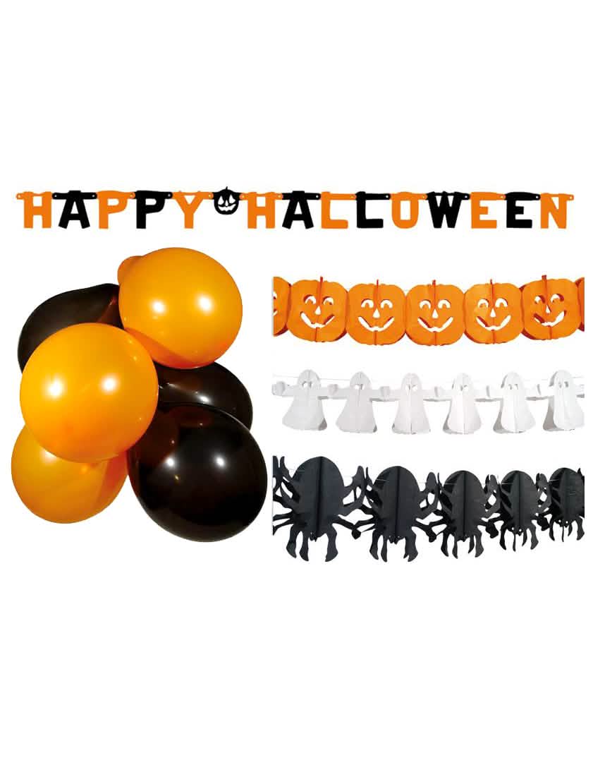 Halloween-koristesetti oranssiin juhlaan, mustavalkoinen ilmapalloilla ja viirinauhoilla